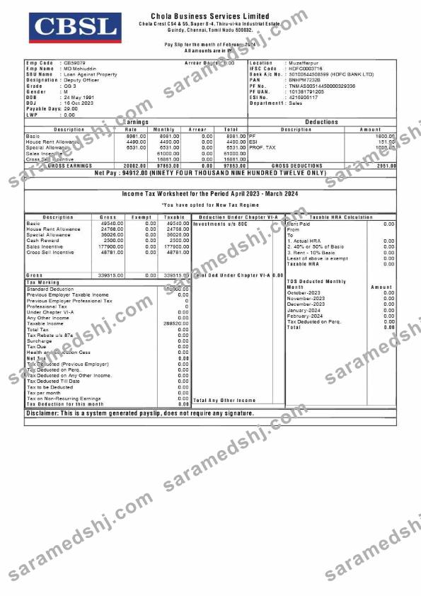 Chola Business Services payslip template in Word and PDF formats.pdf, 1